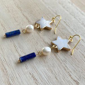 Earring Pearl, Lapis and Mother of Pearl Gold Star, 18KT Plated  Dangle earring